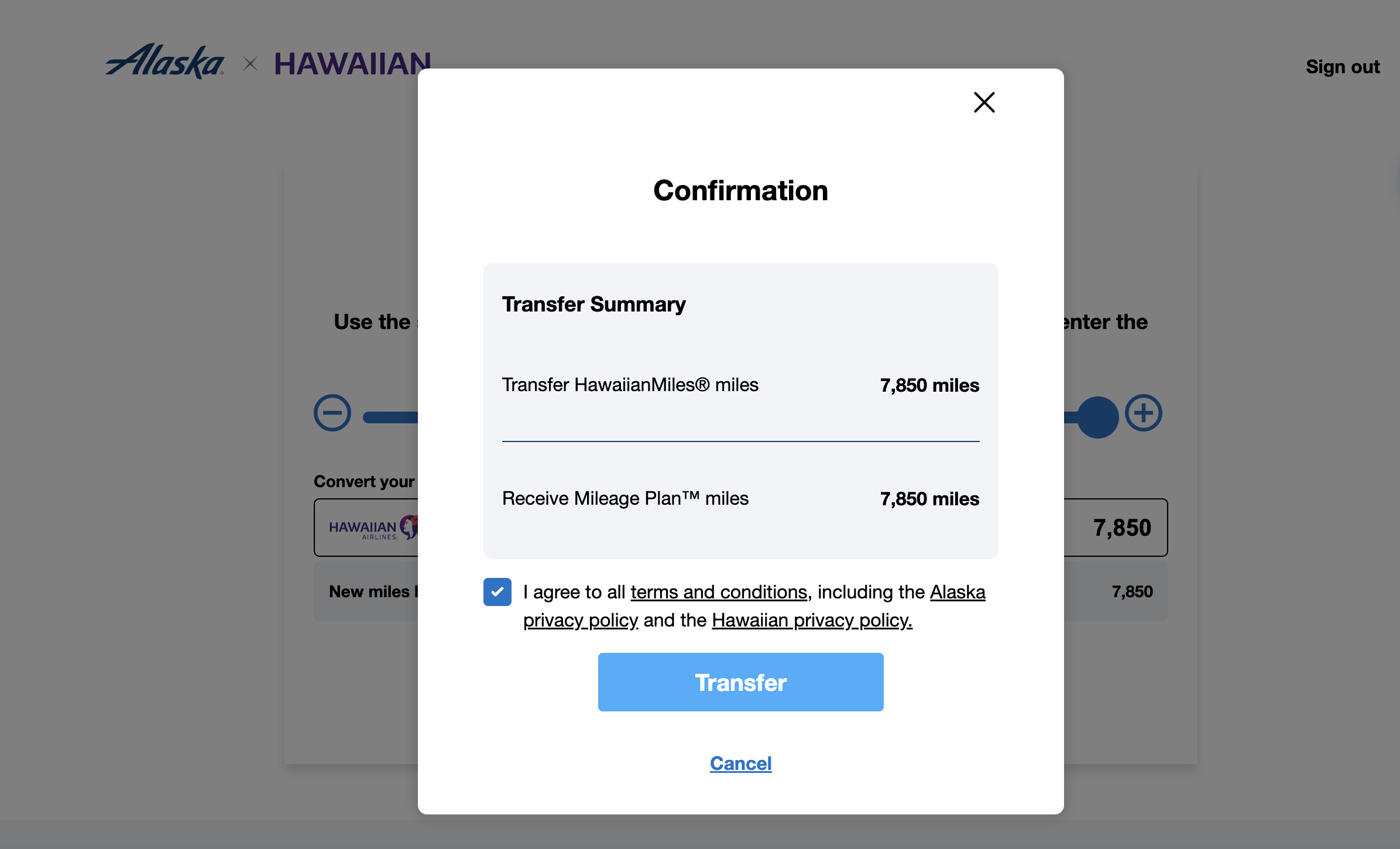Alaska and Hawaiian Airlines miles transfer slider confirmation page